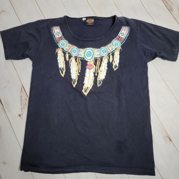 Vintage 90s Harley-Davidson Native Indian Feathers Oversized T-Shirt, size S/M - Picture 1 of 5